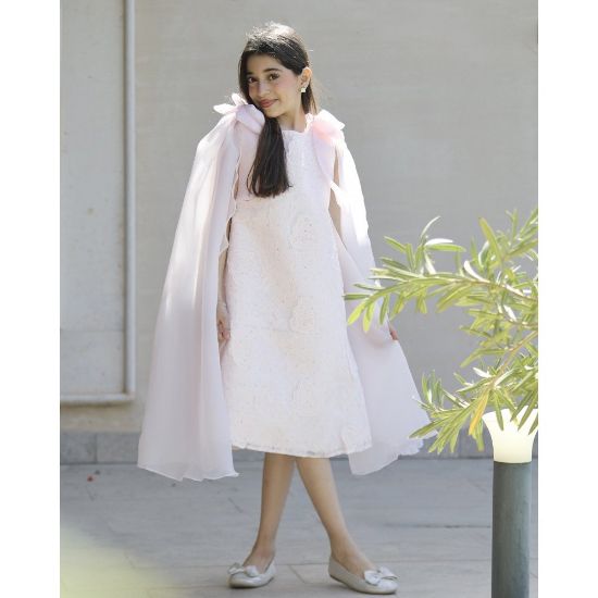 صورة فستان بناتي مطرز ورود كبيرة وفيونكات فراشة وردية | تصميم ملكي - 1201